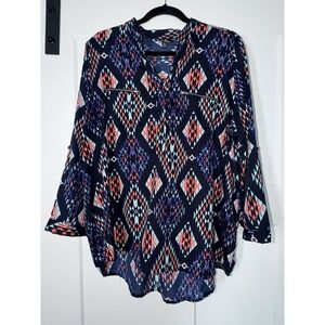 Time To Bloom 2X Aztec Tribal Print Blouse Plus Size Zip Pocket Roll Tab Top